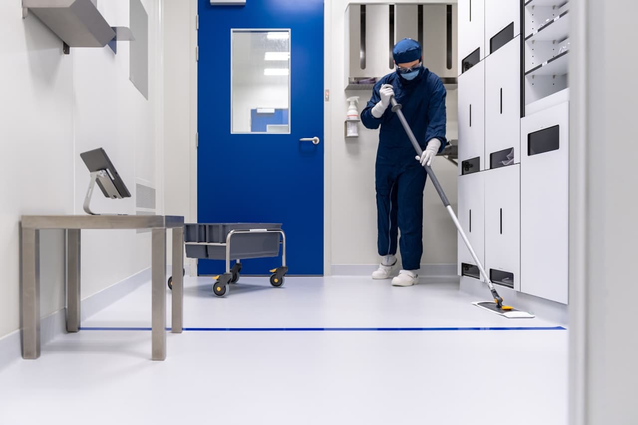 Technicien en combinaison stérile dans une salle blanche de fabrication