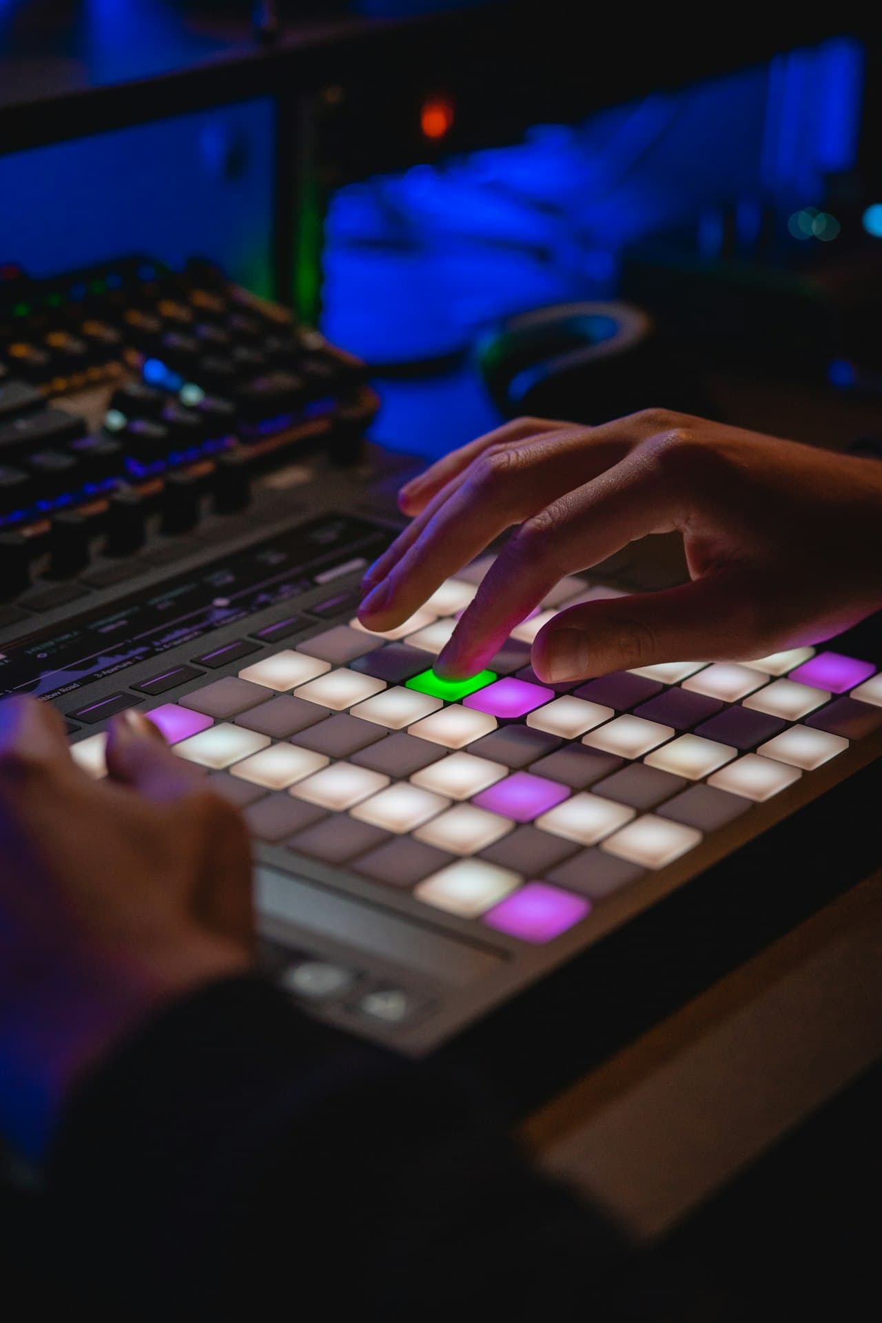 Mains sur un clavier dans une pièce sombre